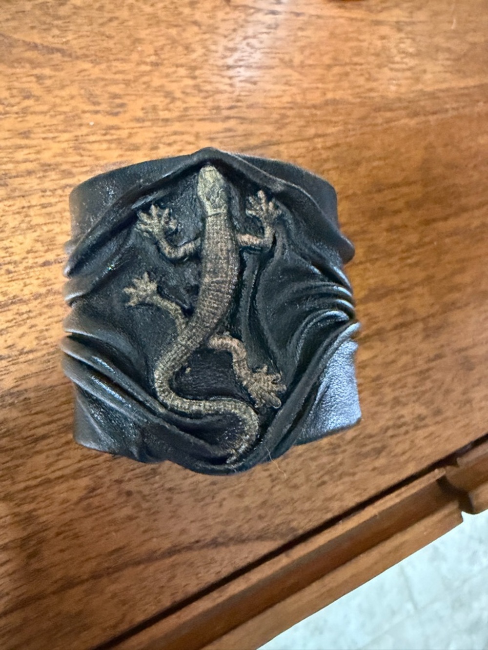 Handmade Artisan Black Leather Reptile Accent Cuff Bracelet